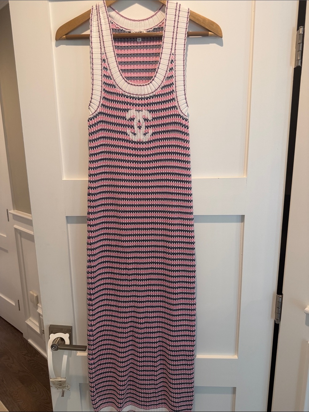 CHANEL Pink and White Striped Knit Maxi Dress